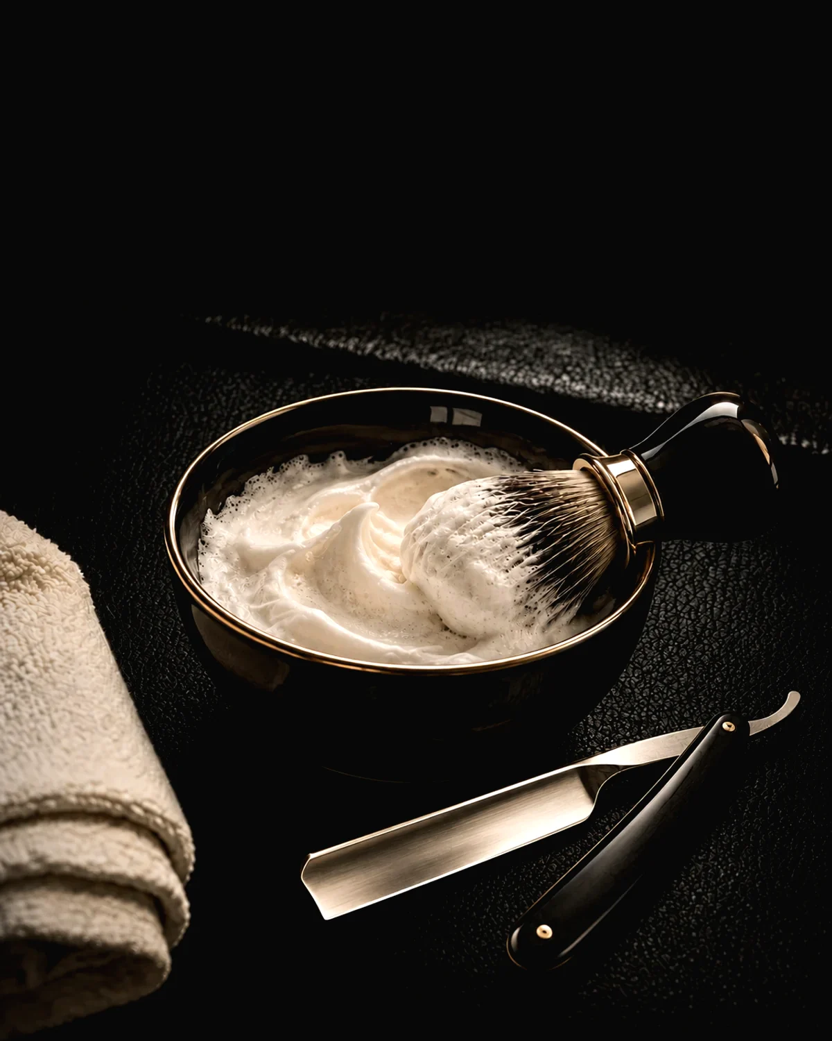 A black shaving bowl of whipped lather with a badger brush resting on its rim, and an open straight razor beside it on black leather.